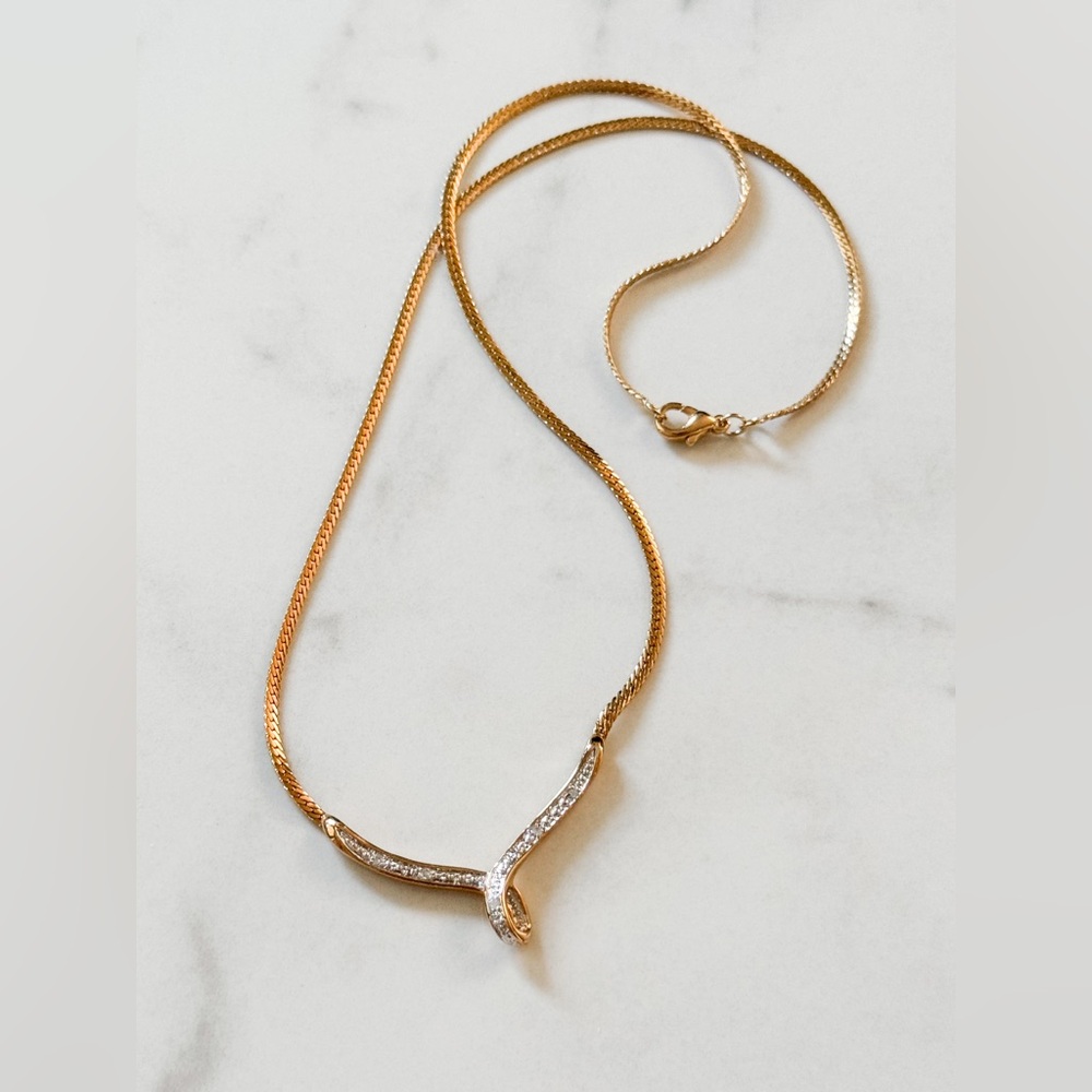 Diamond accented Gold-tone Chevron Necklace with Elegant Design - Picture 7 of 14